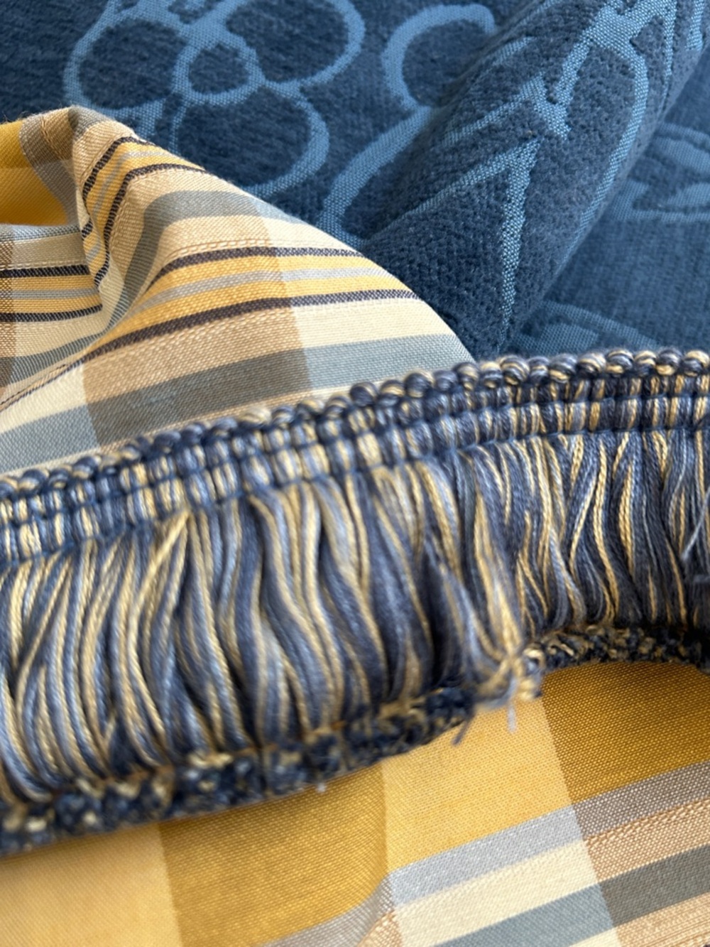 2” multi- color fabric fringe 
Shades of Blue and Gold
